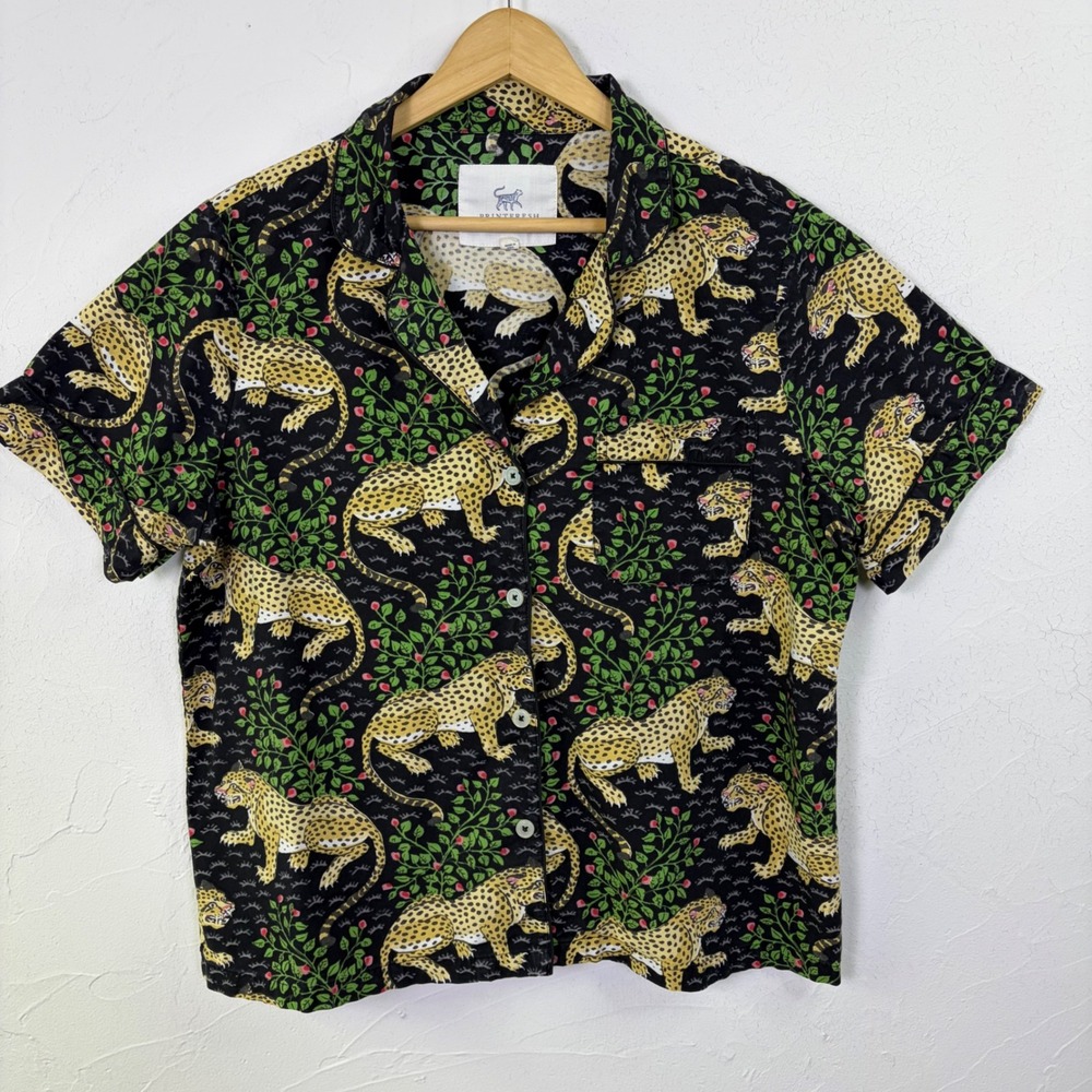 Printfresh Leopard Pajama Top Womens M Black Organic Cotton Short Sleeve